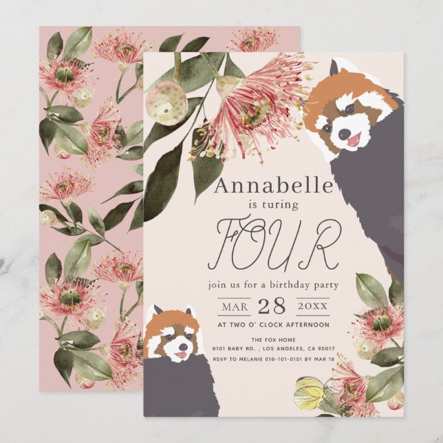 Red Panda Pink Floral Girl Birthday Invitation (Front/Back)