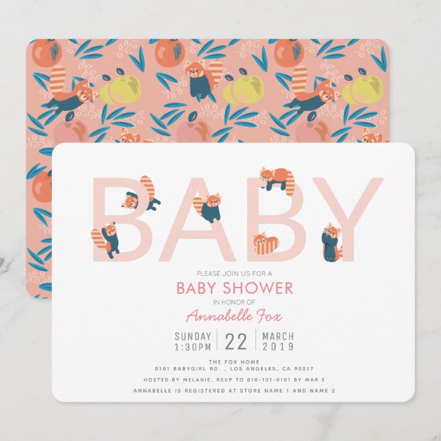 Red Panda Pink Girl Baby Shower Invitation (Front/Back)
