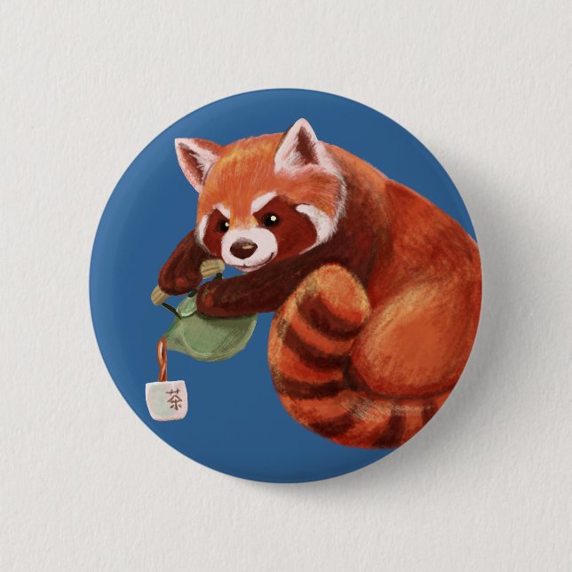 Red Panda Tea Time 2 Inch Round Button (Front)