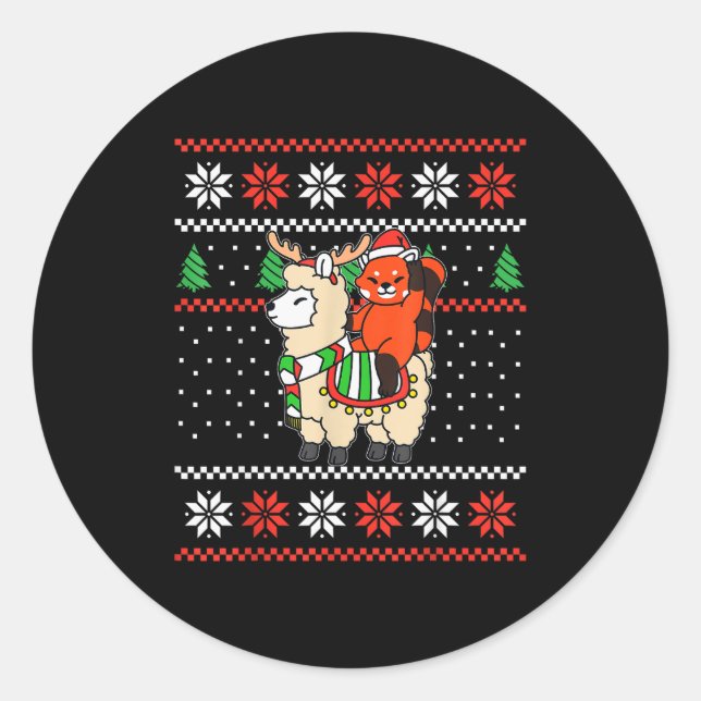 Red Panda Ugly Christmas Sweater Reindeer Llama Ri Classic Round Sticker (Front)