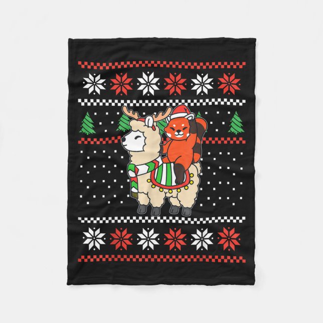 Red Panda Ugly Christmas Sweater Reindeer Llama Ri Fleece Blanket (Front)