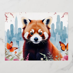 Red Panda Vintage Animal Nature Forest City Art Foil Holiday Postcard