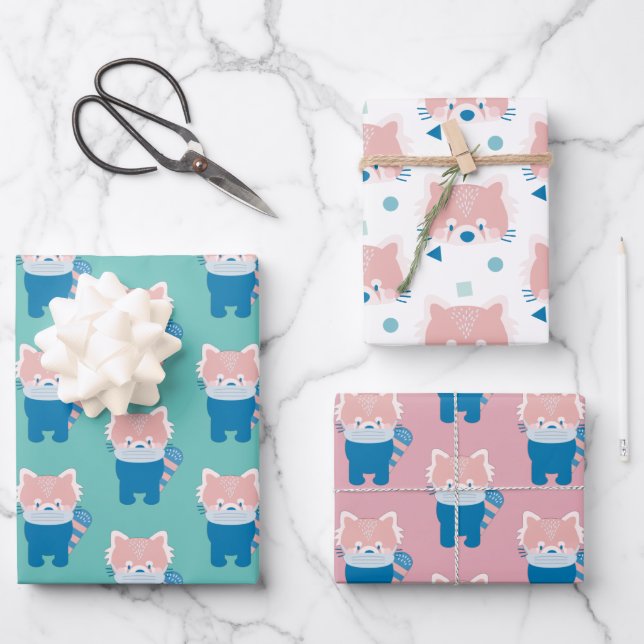 Red Panda with Mask Pattern Wrapping Paper Sheet (Front)