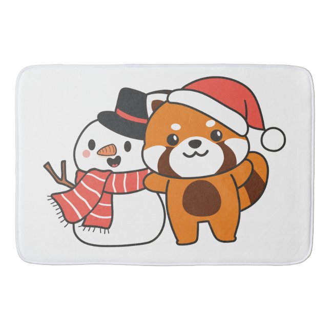 Red Panda With Snowman In Winter For Christmas Bath Mat (Front)