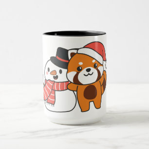 Red Panda With Snowman In Winter For Christmas Mug
