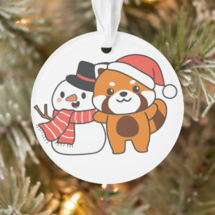 Red Panda With Snowman In Winter For Christmas Orn Ornament
