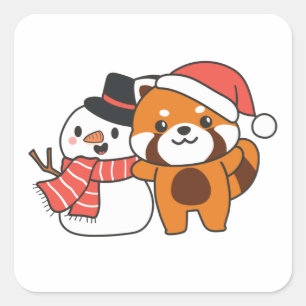 Red Panda With Snowman In Winter For Christmas Square Sticker
