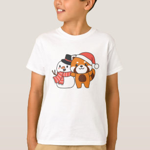 Red Panda With Snowman In Winter For Christmas T-Shirt