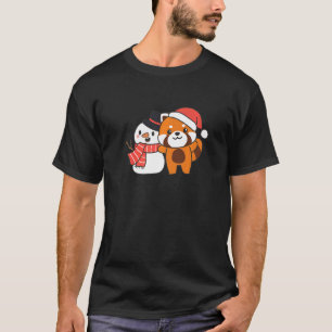 Red Panda With Snowman In Winter For Christmas T-Shirt
