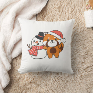Red Panda With Snowman In Winter For Christmas Throw Pillow