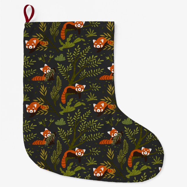 Red Pandas in the Forest Black Large Christmas Stocking (Front)