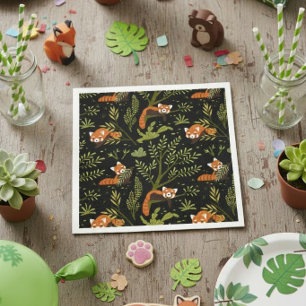 Red Pandas in the Forest Black Napkin