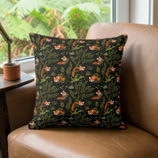 Red Pandas in the Forest Black Throw Pillow