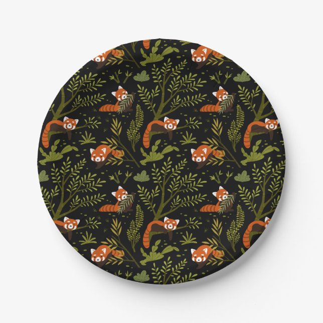 Red Pandas in the Forest in Black Paper Plate (Front)