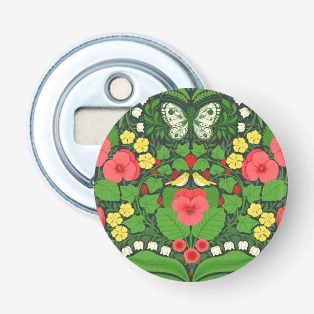 Red pansies, birds and butterflies bottle opener (Front)