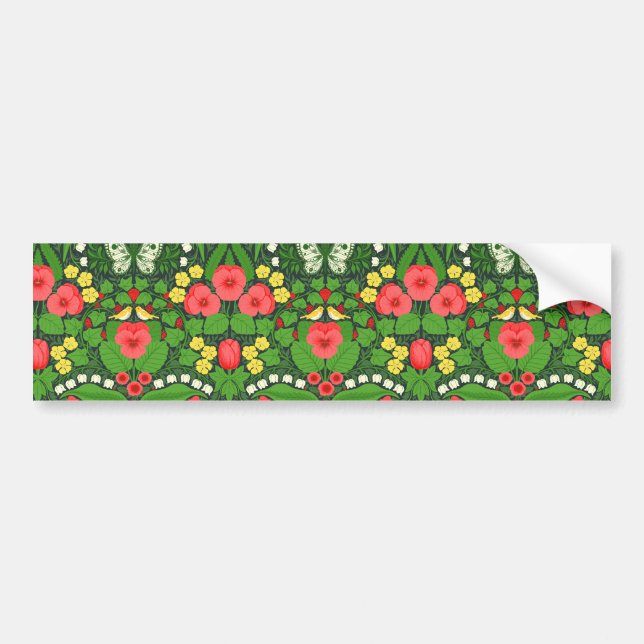 Red pansies, birds and butterflies bumper sticker (Front)