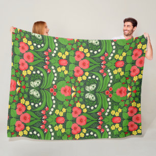 Red pansies, birds and butterflies fleece blanket