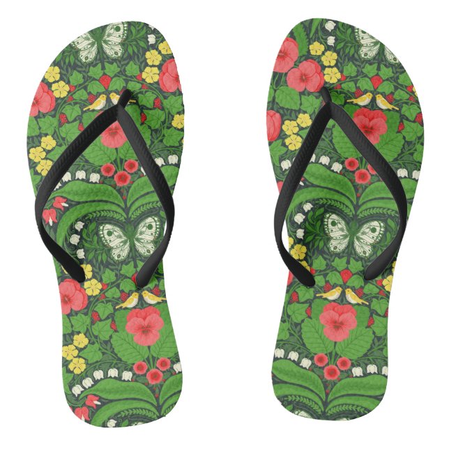 Red pansies, birds and butterflies flip flops (Footbed)