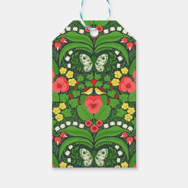 Red pansies, birds and butterflies gift tags (Front)