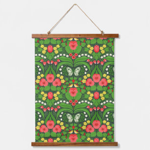 Red pansies, birds and butterflies hanging tapestry