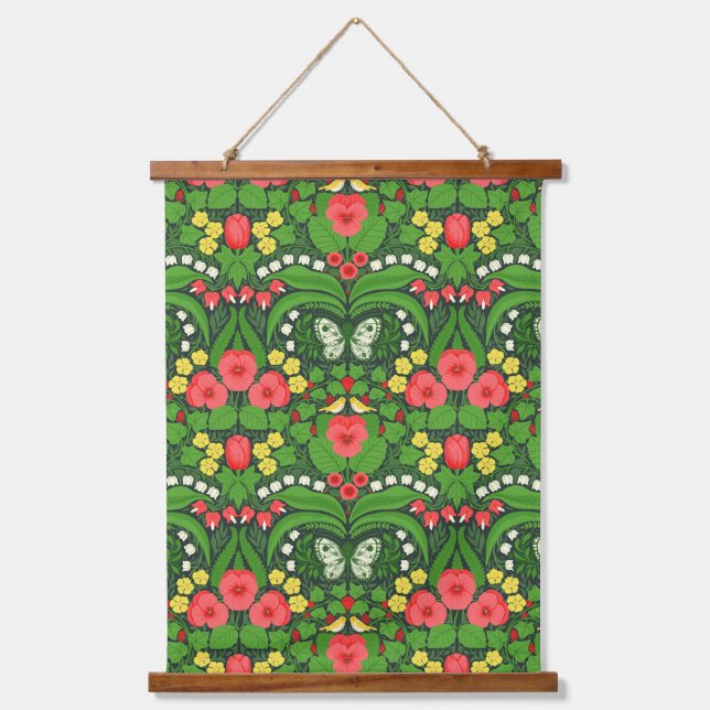 Red pansies, birds and butterflies hanging tapestry (Front)
