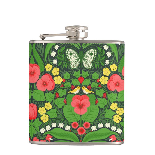 Red pansies, birds and butterflies hip flask (Front)