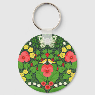 Red pansies, birds and butterflies keychain