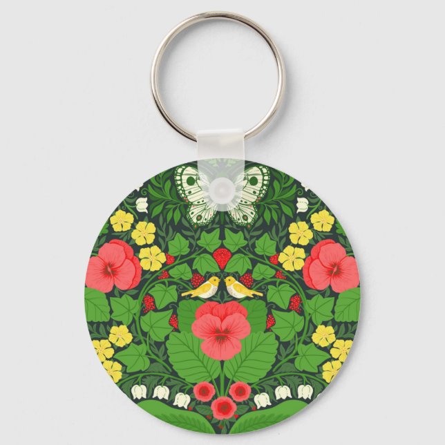 Red pansies, birds and butterflies keychain (Front)