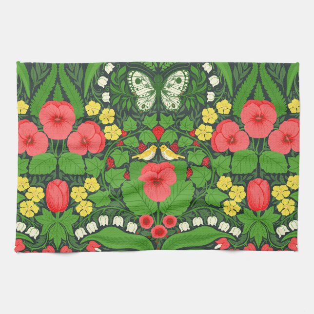 Red pansies, birds and butterflies kitchen towel (Horizontal)