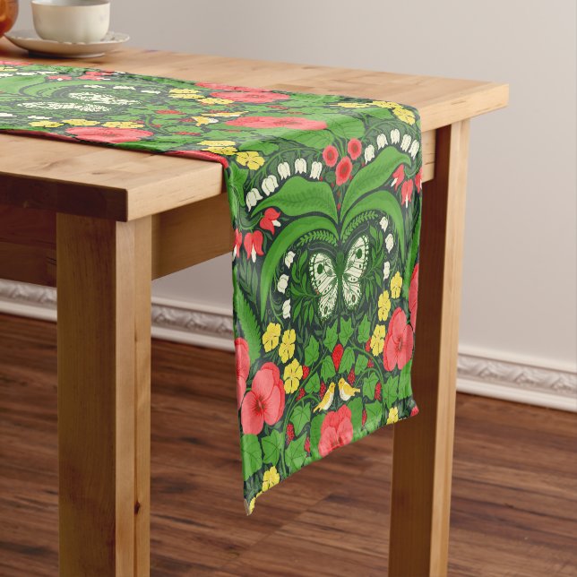 Red pansies, birds and butterflies short table runner (In Situ)