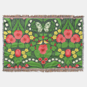 Red pansies, birds and butterflies throw blanket