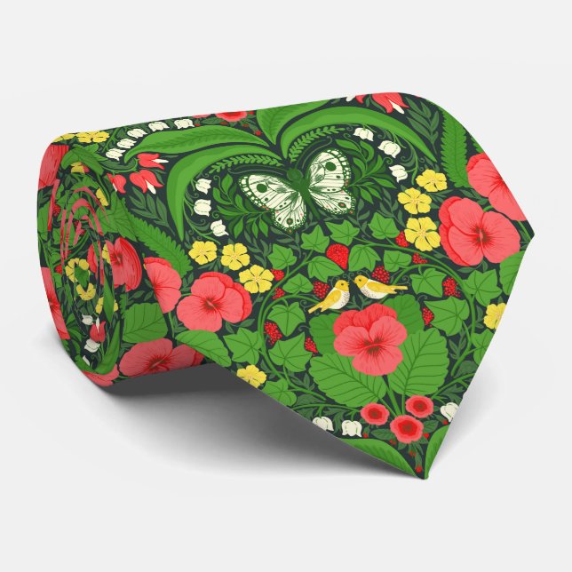 Red pansies, birds and butterflies tie (Rolled)