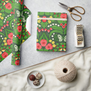 Red pansies, birds and butterflies wrapping paper