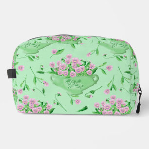 Red pansies green bowl and background dopp kit
