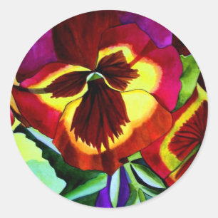 Red pansies watercolor flower original art classic round sticker