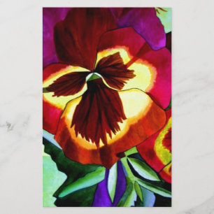 Red pansies watercolor flower original art stationery