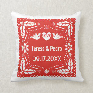 Red papel picado love birds wedding fiesta  throw pillow