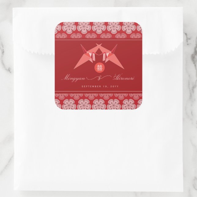 Red Paper Cranes & Cherry Blossoms Asian Wedding Square Sticker (Bag)