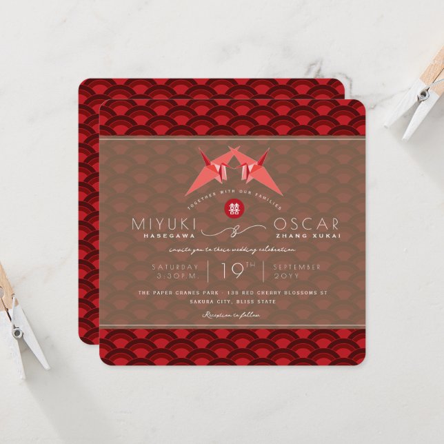 Red Paper Cranes Red Scallop Pattern Asian Wedding Invitation (Front/Back In Situ)