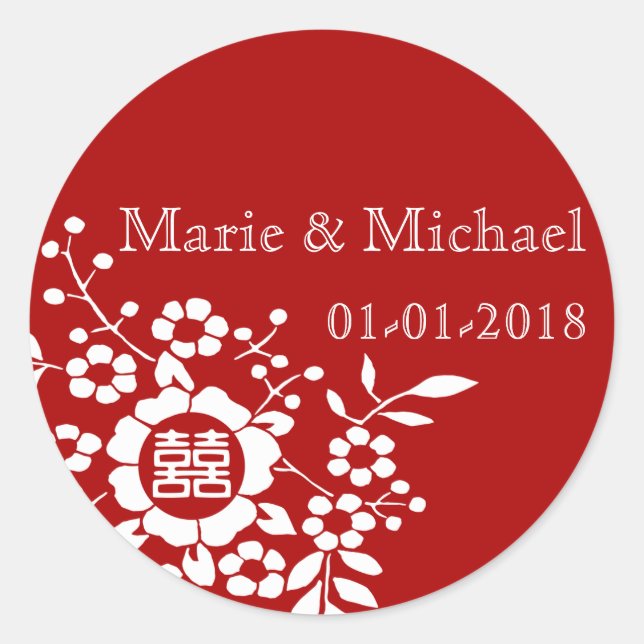 Red • Paper Cut Flowers • Double Happiness Classic Round Sticker (Front)
