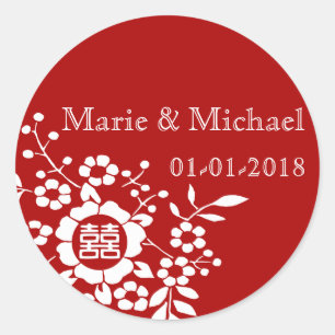 Red • Paper Cut Flowers • Double Happiness Classic Round Sticker