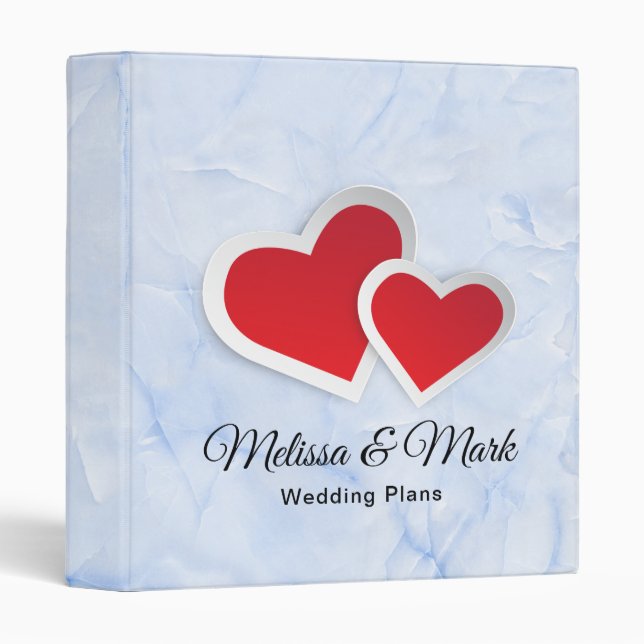 Red Paper Hearts on Icy Blue Marble Wedding Plans Binder (Front/Spine)
