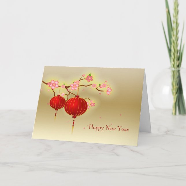 Red Paper Lanterns, Pink Blossom, Chinese New Year Holiday Card (Front)