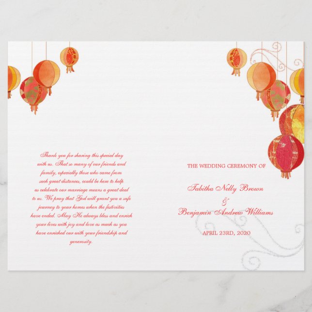 Red Paper Lanterns White Wedding Bi Fold Program (Front)