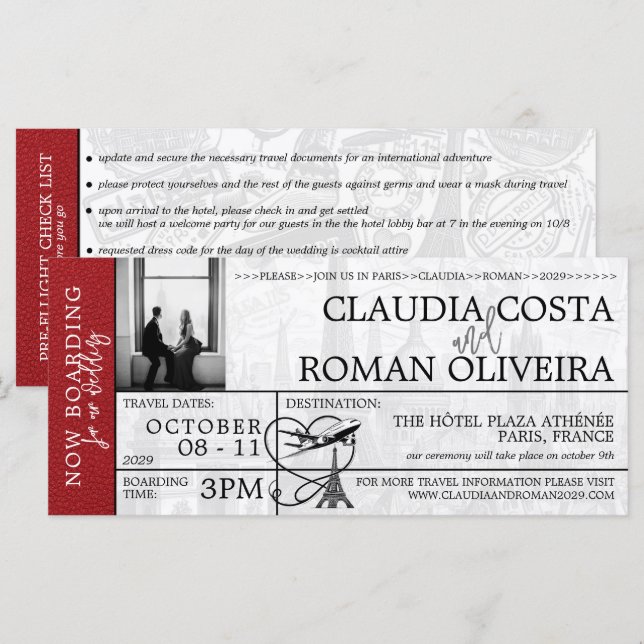 Red Paris Wedding Boarding Pass Invitation (Front/Back)