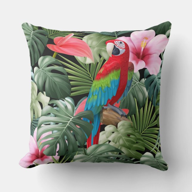Red parrot in the jungle throw pillow (Front)