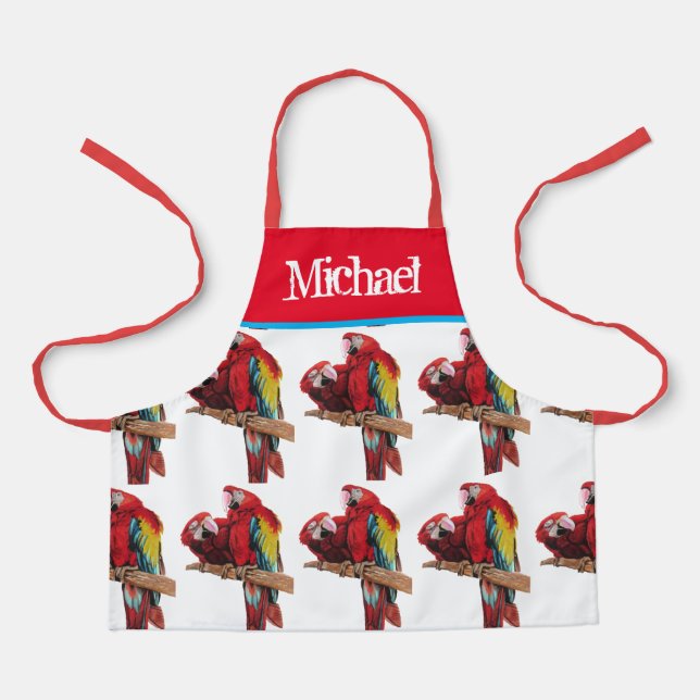 Red Parrot Macaw Colorful Blue Kids Boys Name Apron (Front)
