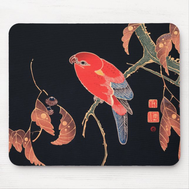 Red Parrot on the Branch of a Tree by Ito Jakuchu Mouse Pad (Front)
