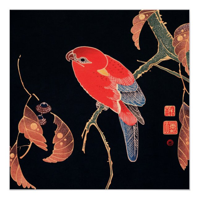 Red Parrot on the Branch of a Tree Poster (Front)