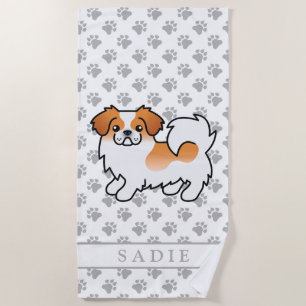 Red Parti-Colour Tibetan Spaniel Cute Dog & Name Beach Towel
